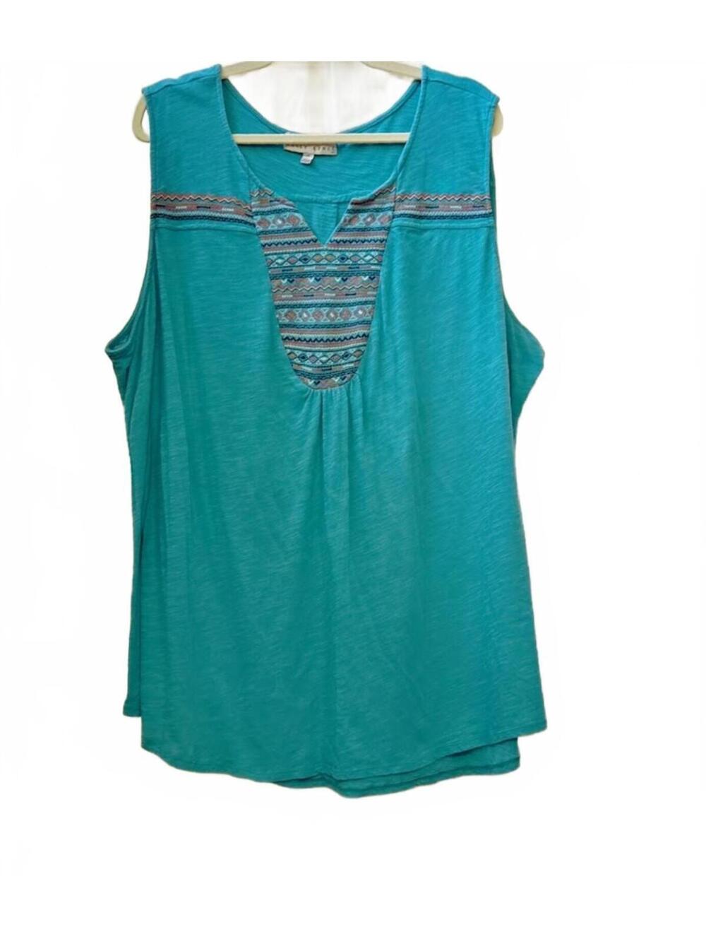 Kelly Renee Sleeveless Embroidered V-Neck Top Turquoise Plus Size 2X